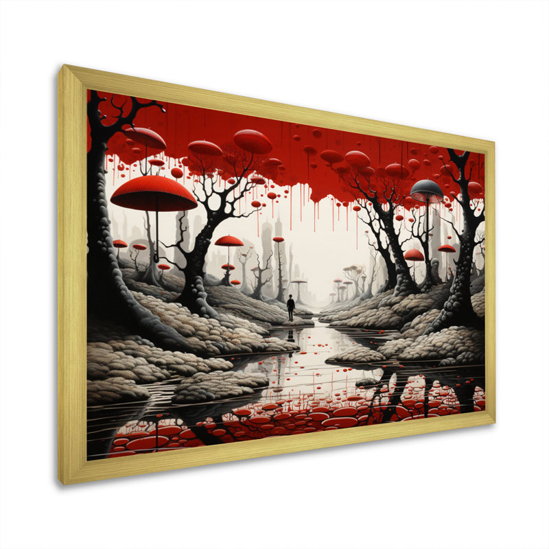 Surréalisme rouge et gris surréalisme II, H 24 po x l 32 po x P 1 po, Encadrement doré
