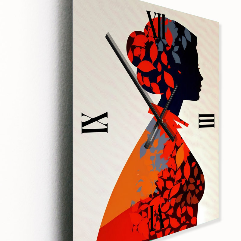 Red Silhouette With Autumn Leaves - Modern Woman Wall Clock, Extra Large