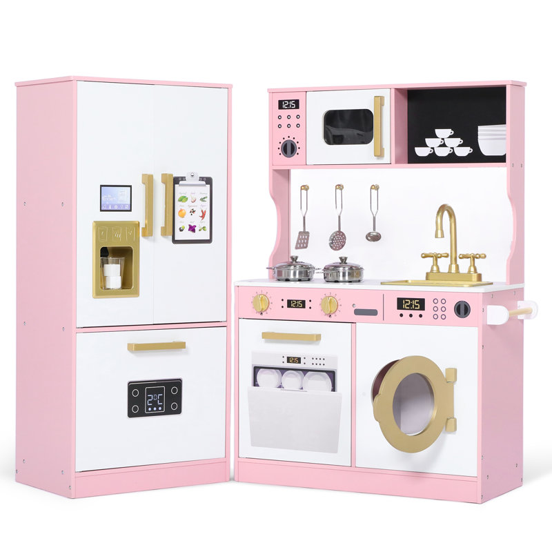 Wooden Play Kitchen Set for Kids with Sink, Freezer, Ice Maker, Washing Machine & Accessories Large Storage & Realistic Features