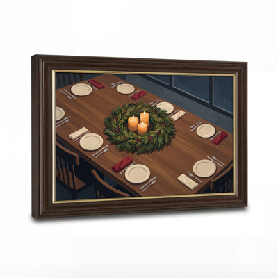 Holiday Dining Table With Green Wreath And Christmas Canvas Wall Art