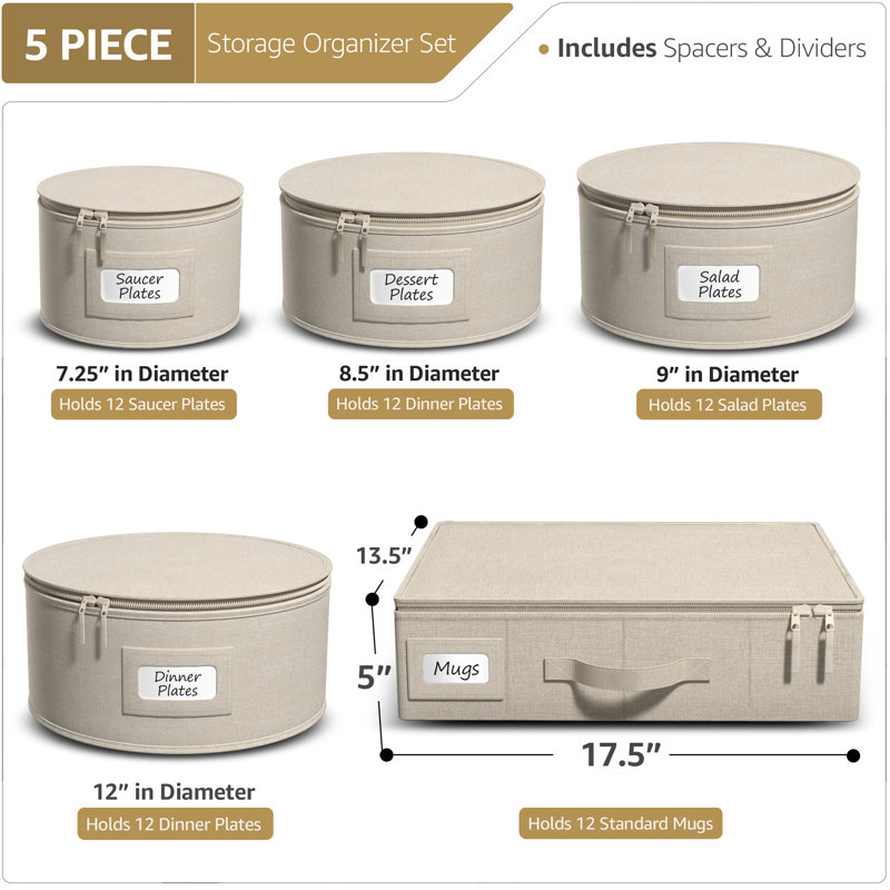 Sorbus 5-Piece Stackable Plate Carrier Set for Dinnerware, Plate Organization and Storage with Felt Plate Protector, Beige
