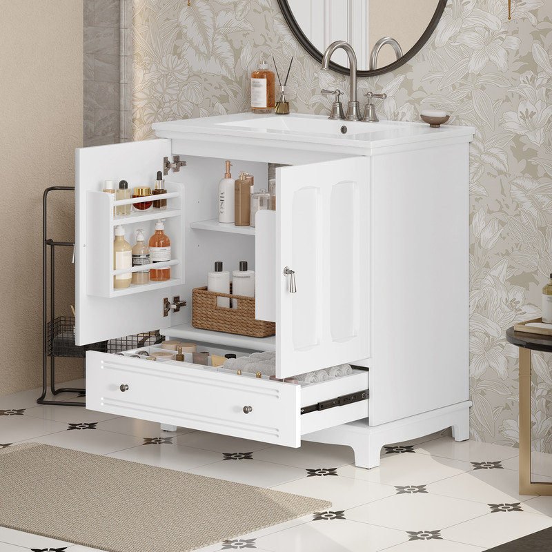 Meuble-lavabo moderne avec lavabo en céramique et tiroir de rangement, Blanc