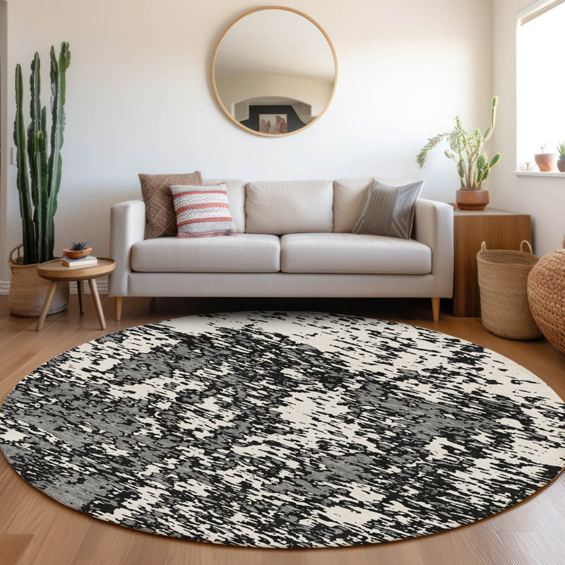 Premium Machine Washable Prisco Black Rug, Round 8'