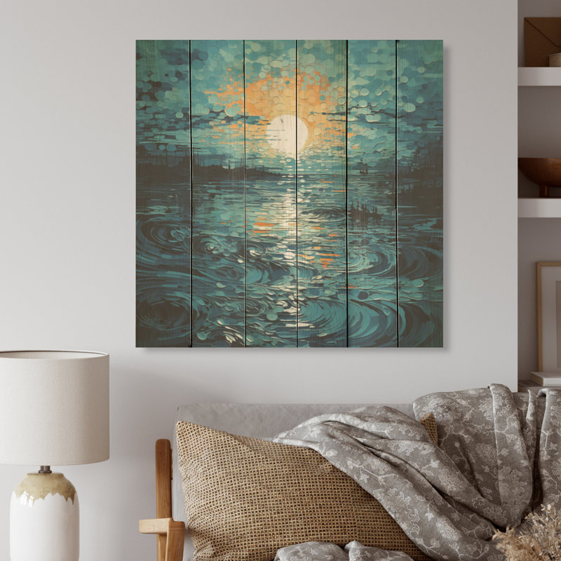 Minimalisme, peinture de lac au coucher du soleil - lever du soleil au coucher du soleil, art sur bois de pin naturel