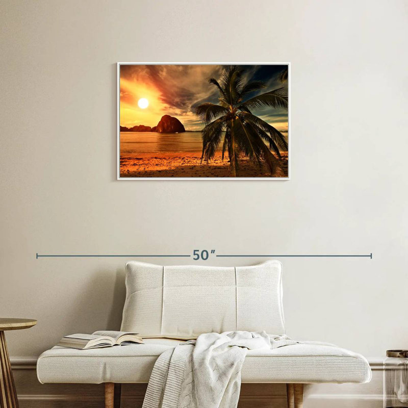 Coucher de soleil sur la plage chaude, Cadre flottant blanc, 31 po x 21 po