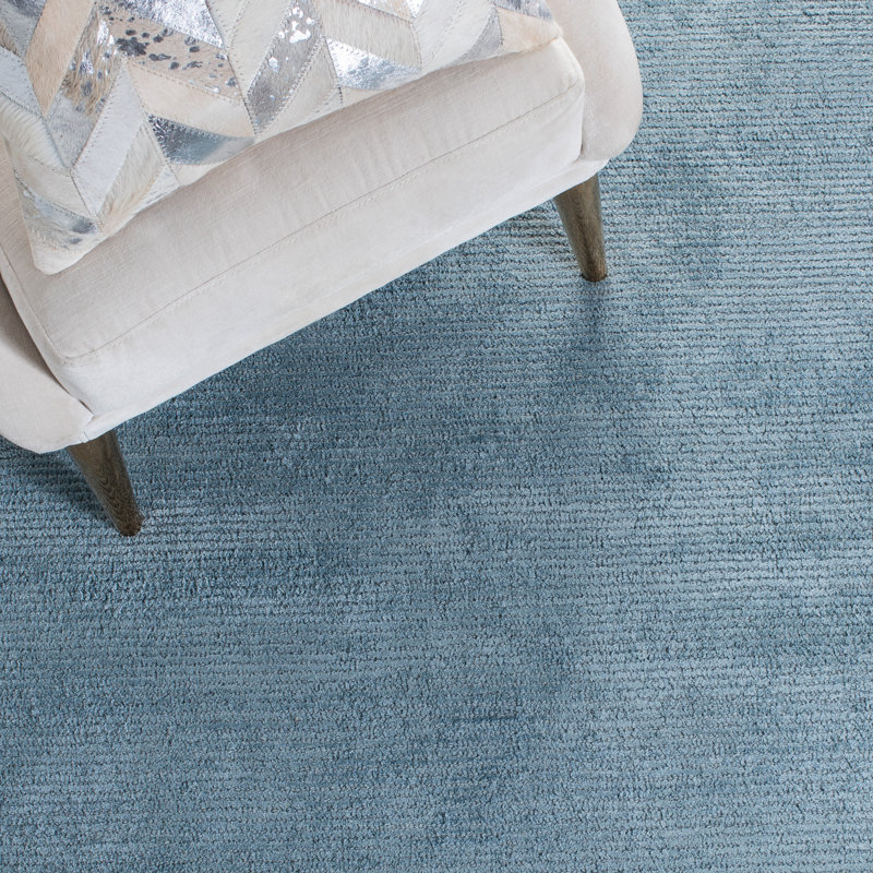 Tapis bleu uni en viscose / laine touffeté à la main Himalaya, Rond 4 pi