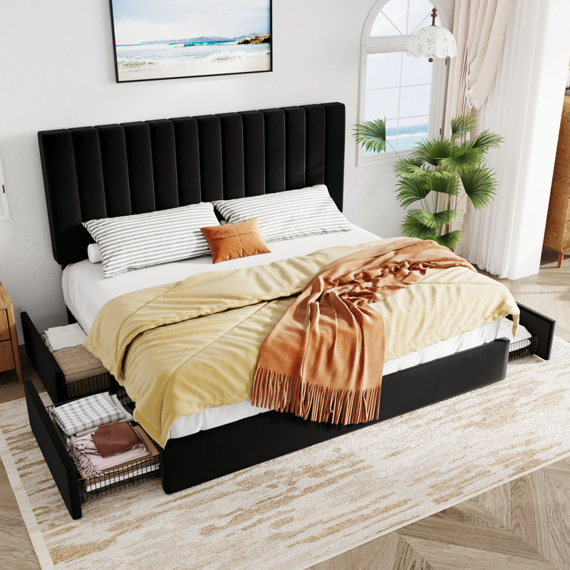 Velvet Upholstered Storage Platform Bed with Adjustable Headboard & 4 Drawers, King, Black