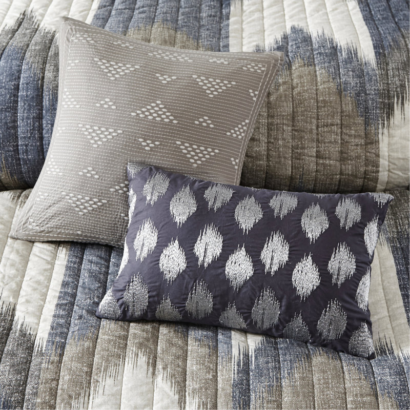 Courtepointe en coton bleu marine double / grand - 3 pièces, imprimé, revers uni, taies décoratives passepoilées, imprimé brisé aide au sommeil, 2 courtepointe à canaux assortis, literie élégante