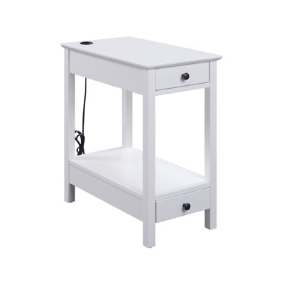 White Finish Accent Table With Port - 2 Drawers & 1 Open Space For Personal Items Storage Drawer Compartment, Included