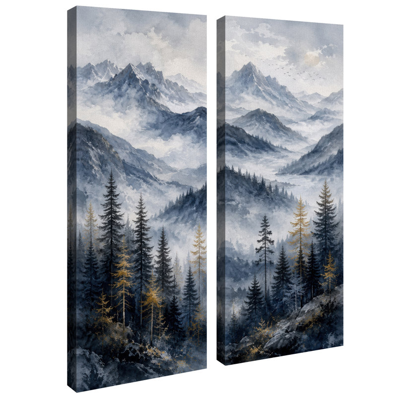 Forêt de pins de la vallée de montagne Blue Gray – Ensemble de 2 impressions d'art encadrées sur toile 32 po x 12 po x 2