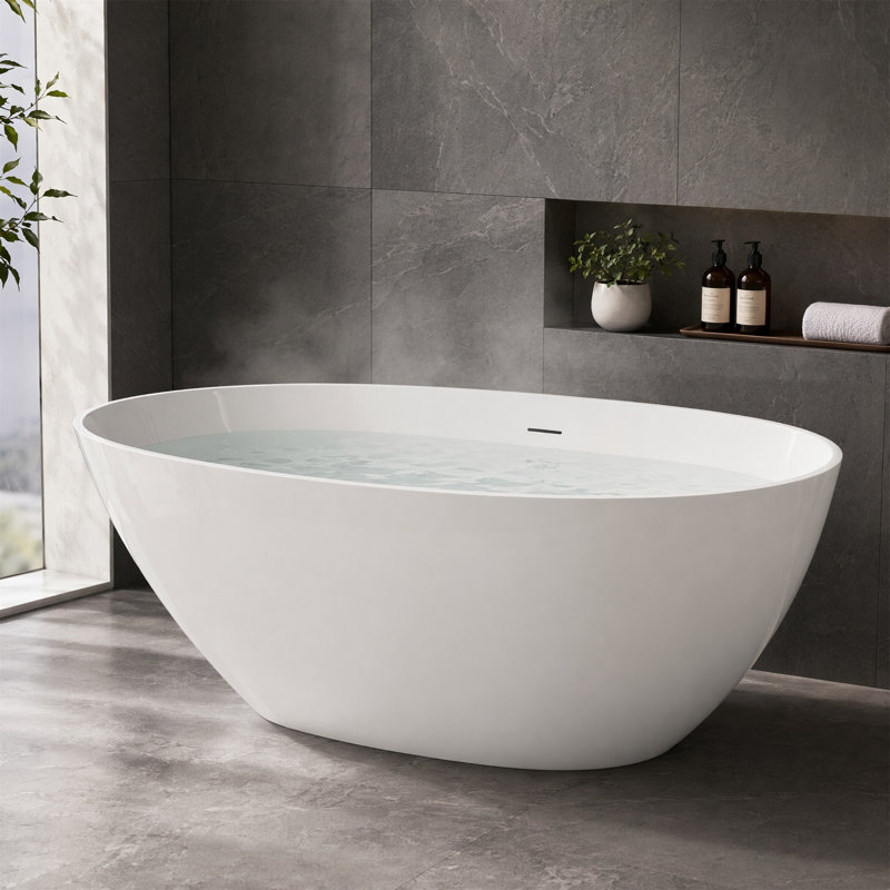 59" Solid Surface Freestanding Bathtub, Glossy White Stone Resin, Deep Soaking, Ergonomic Curve, Pop-Up Drain