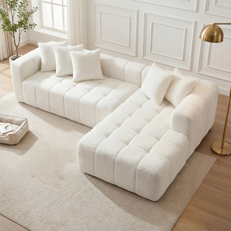 Canapé modulaire surdimensionné en L surdimensionné sans os, canapé moderne en tissu bouclé et peau de mouton avec méridienne, emballage sous vide compressé, canapé modulaire moelleux avec 5 coussins décoratifs pour salon, appartement et bureau