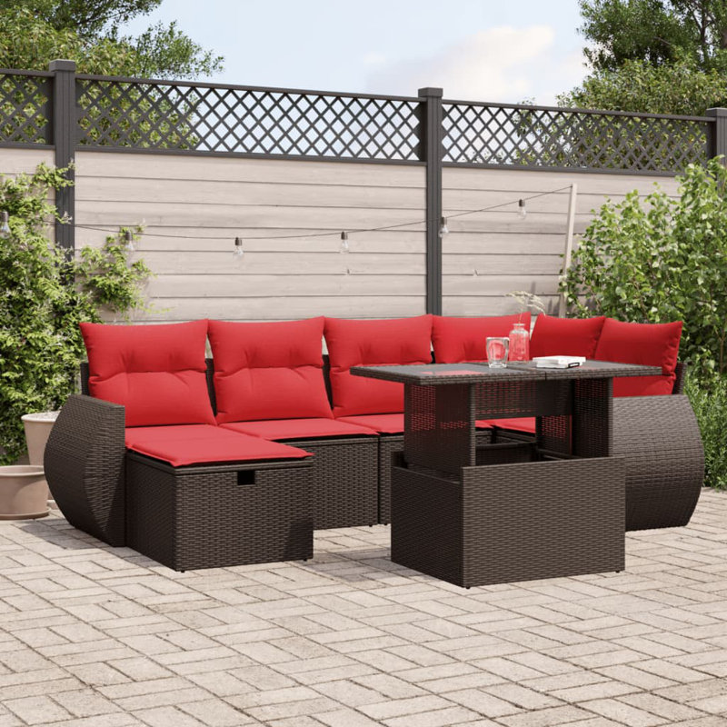  Ensemble de canapé de patio 7 pièces avec coussins en rotin de polyester, Rouge, Brun