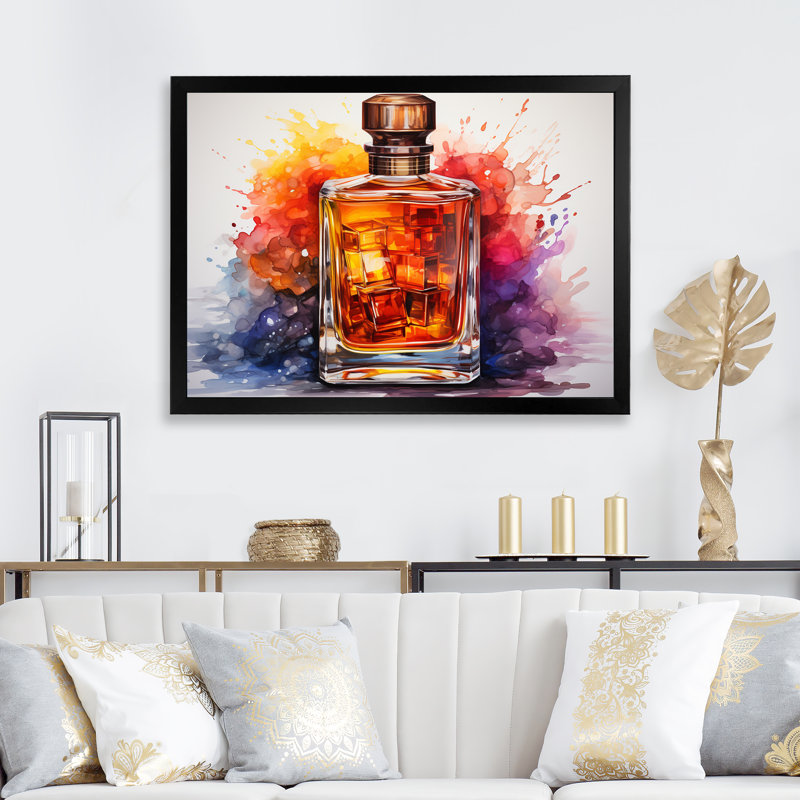 Orange orange bouteille de parfum 1 - Parfums, art mural, H 34 po x l 44 po x P 1,5 po, Cadre d'angle fermé noir