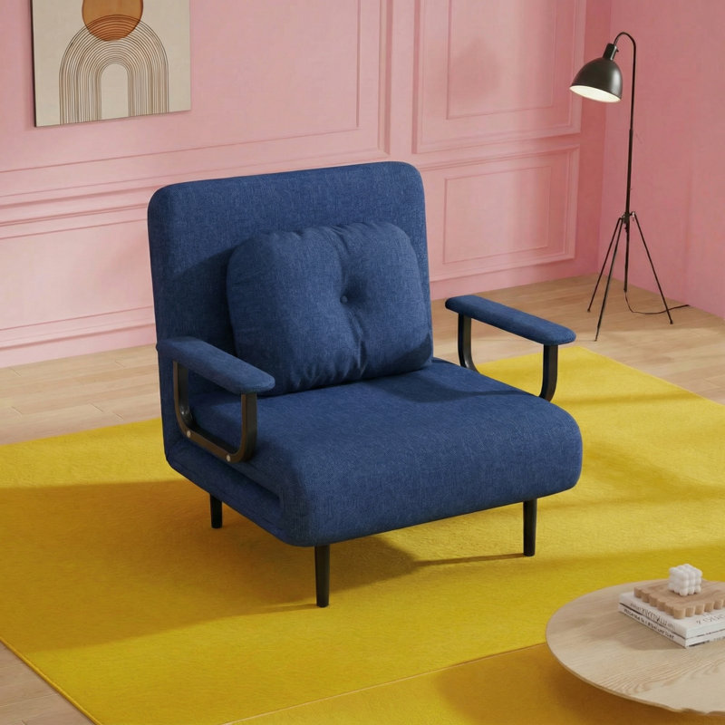 Canapé-lit pliant en tissu de style Mid-Century moderne avec pieds en métal et éponge à haute résilience, Bleu, Noir