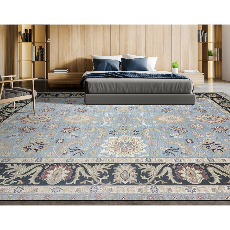 Wool Oriental Area Rug in Light Blue/Black/Red, Rectangle 9' x 12'