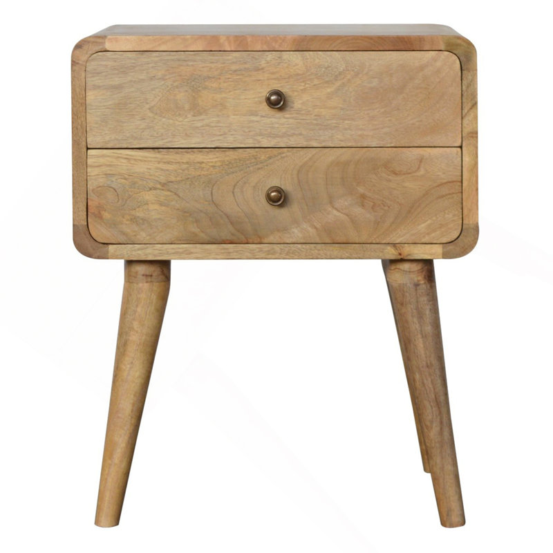 Table de chevet courbée en bois massif, 2 tiroirs, chêne-brun clair, brun clair