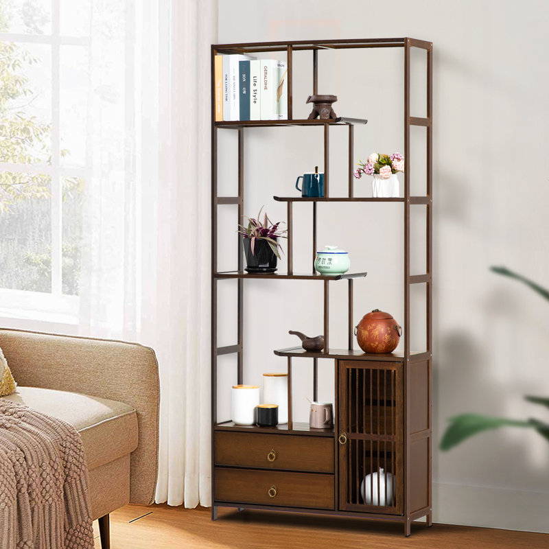 MoNiBloom Brown Bamboo 7-Tier Freestanding Bookcase with Drawers