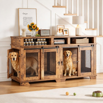 Très grande cage pour chien en bois pour 2 chiens - chenil intérieur double avec cloison amovible, 3 tiroirs de rangement et meuble télé avec porte de grange, meubles pour animaux résistants à la mastication pour les grandes et moyennes races - Natu