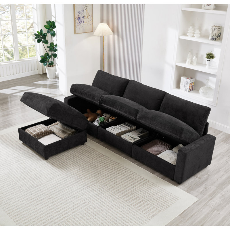 Modular Sectional Sofa,4 Storages Lshaped Polyester Fabric Sectional Couches For Living Room,3Seater Cloud Couches With Ottoman,Flexible Combination Modern Deep Seat Sofa (Black)
