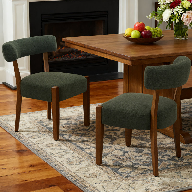 Mid-Century Modern Dining Chairs Green Fabric Upholstered Wood Frame Kitchen Chairs, Green Linen/Brown