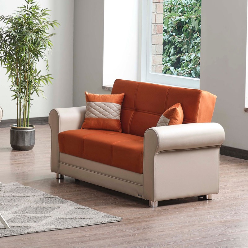 Sara Fabric Upholstered 3-in-1 Sleeper Sofa Bed with Storage, 35.8"H x 63''W x 31.5''D, Orange/White Microfiber