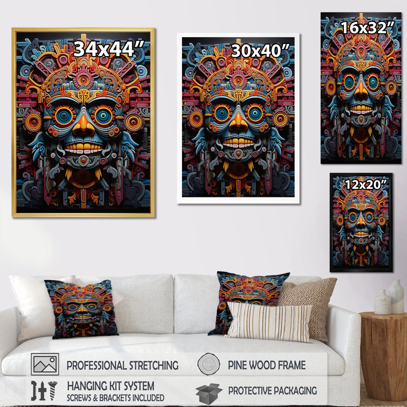 «Albali Teal Orange Mexico Vibrant Aztec Mask», art mural Mexique encadré, Cadre flottant noir, 40" H x 30" W