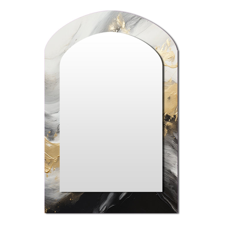 Gold And Black Soft Wave Fusion III - Abstract Shapes Asymmetrical Mirror, Beige Arch Unique Wall Mirror, Printed Metal Art