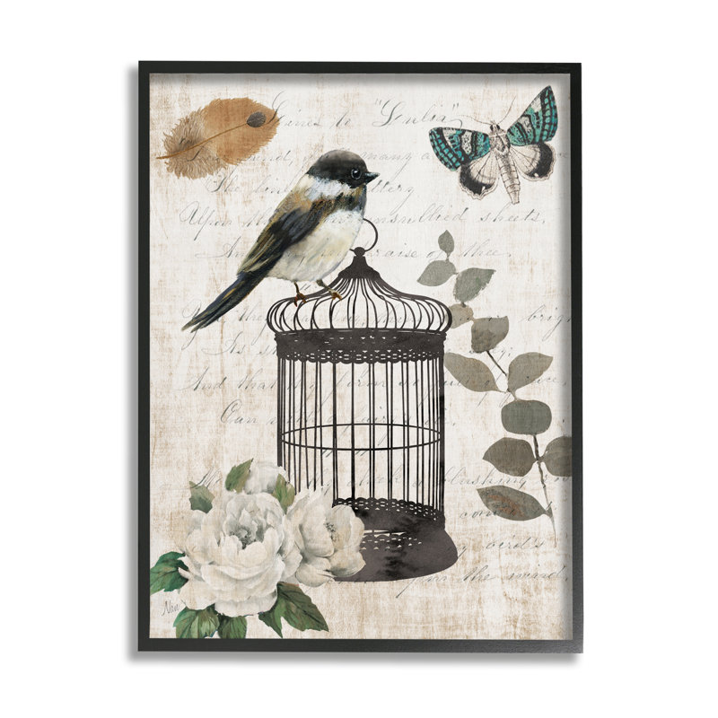 «Vintage Bird Cage Butterfly Floral Script Words» par Nan - cadre flottant, impression sur toile, Giclée encadrée noir minuit