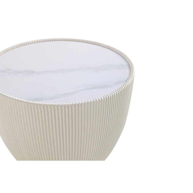 Anderson Modern Vegan Leather Upholstered Stainless Steel Pedestal End Table with Sintered Stone Top in Cream, Cream