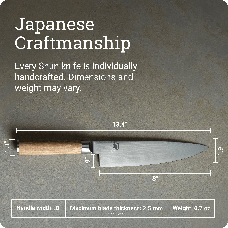 Couteau de chef Shun Classic Blond, couteau de cuisine japonais fabriqué à la main pour les chefs professionnels et à domicile, noyau VG-MAX avec revêtement en acier inoxydable Damas, poignée Pakkawood