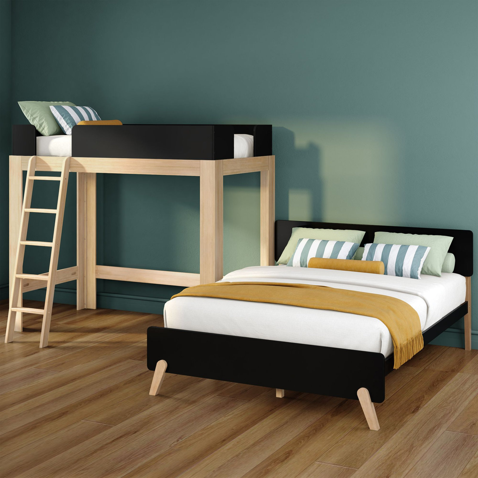 Ambur Solid Wood L-Shaped Bunk Beds by Isabelle & Max, Twin over Queen, Black/Blonde