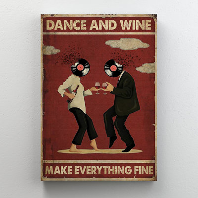 Vinyle Couple dansant - Danse et vin rendent tout beau, toile tendue avec châssis - musique et boisson, décoration décorative noir et rouge