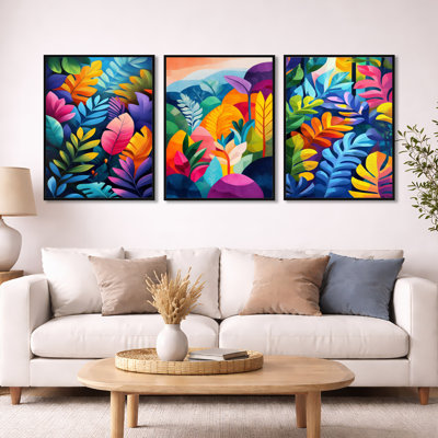 «Tropical Forest Gardens - Blue Floral», art mural 3 pièces
