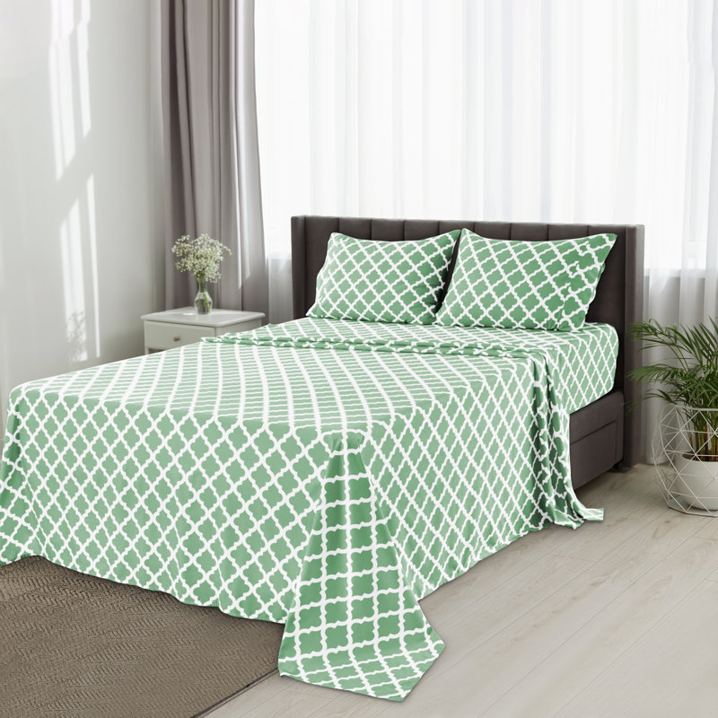 Lux Decor Collection 4 Pc Soft Microfiber Bed Sheets Set Geometric Quatrefoil Bedding, Sage Green