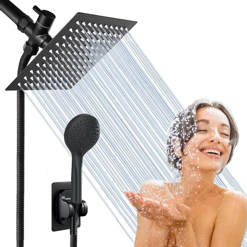Pomme de douche noire avec douchette à main haute pression 8 pouces, Noir