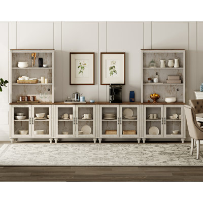 Sideboard Cabinet With Bar Hutch, Buffet Cabinet With 8 Glass Doors And 3 Tier Shelves, Rustic White, 135''