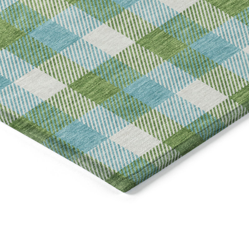 Lime and Blue Plaid Synthetic Washable Area Rug