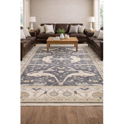 Tapis bleu / brun en laine noué à la main 10 pi 2 po x 14 pi Floral