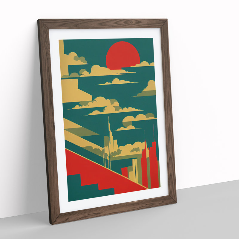 City Skyline Retro Art No.5 - Wall Art, 66cm H x 48cm W x 2cm D, Walnut Framed, White