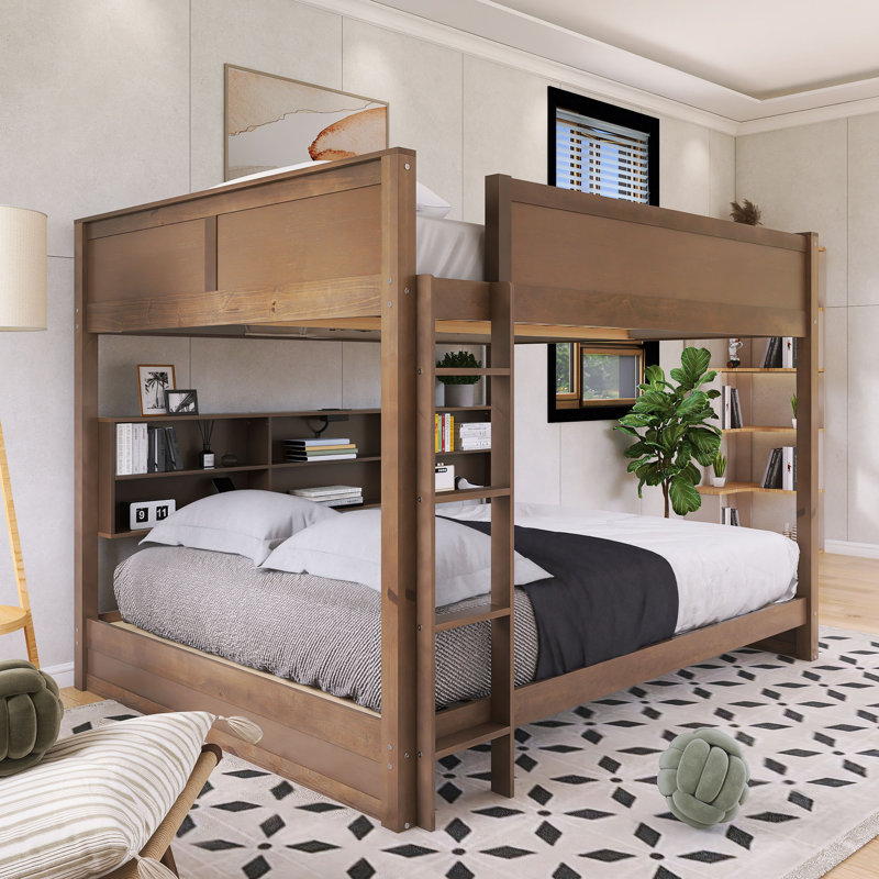 Wood Frame Queen Over Queen Size Bunk Bed With Storage Shelves And USB Ports, Wood