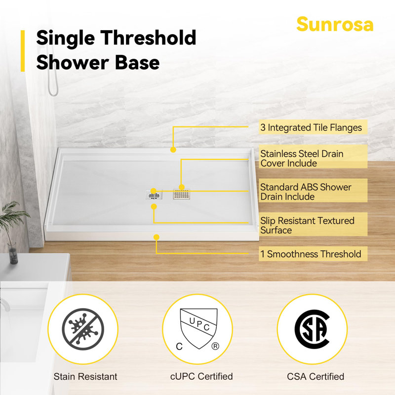 48"W×32"D Rectangle Solid Surface Single Threshold Shower Bases with Centre Drain, Non-slip Design