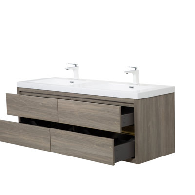 Meuble-lavabo mural 60 po avec lavabo double, meuble de rangement flottant, comptoir en résine de pierre et tiroirs à fermeture en douceur gris cendré 60 po