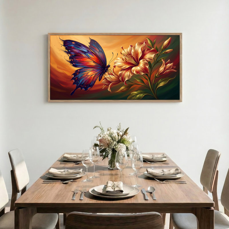 Tableau encadré sur toile « Papillon et fleur », 122 x 61 cm (48 x 24 pouces), 1 pièce, 48 x 24 pouces