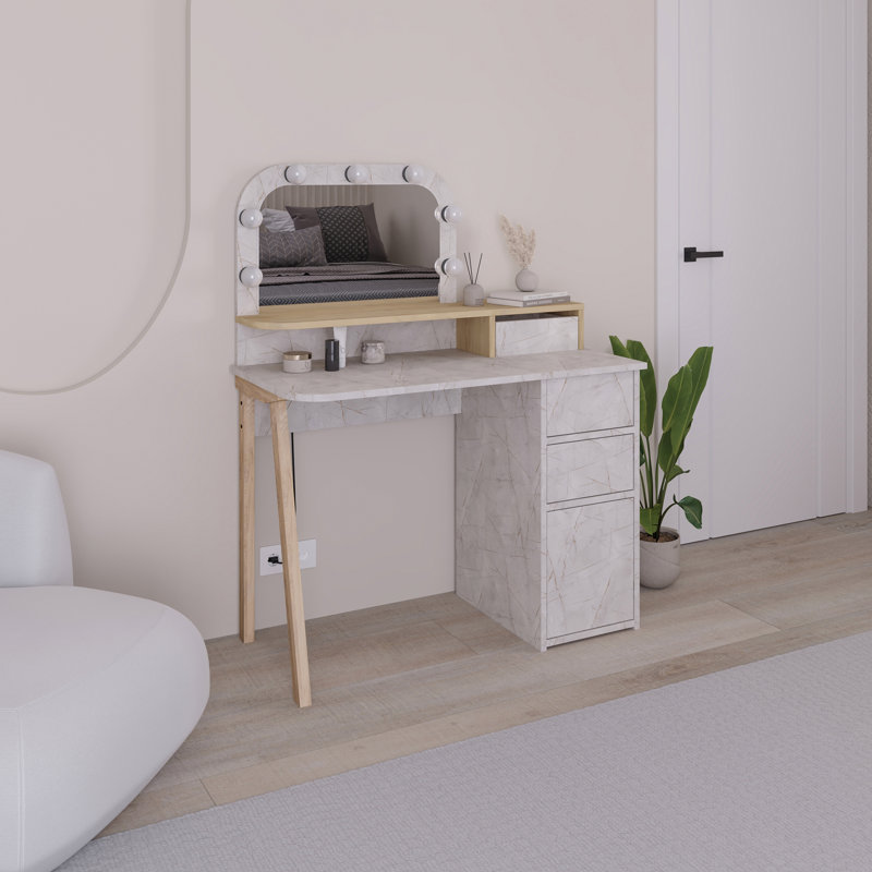 Camryne Dressing Table with Mirror, Gold Marble/Sapphire Oak