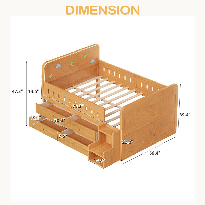 Lit double en bois avec lumière DEL, tiroirs de rangement, Bois