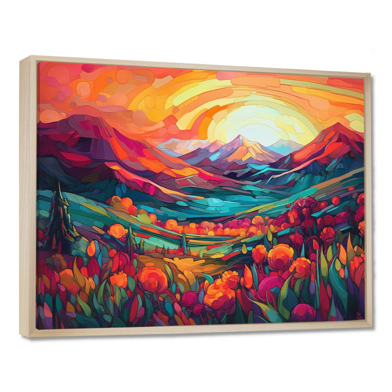 «Vibrant Sunset Shining Over Mountains I», art sur toile, H 12 po x l 20 po x P 1 po, Cadre flottant érable