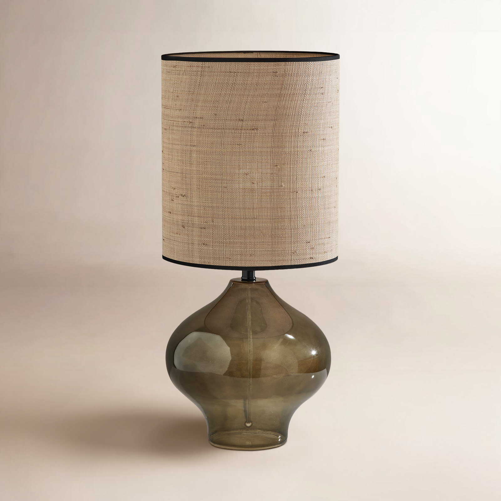 Philomena Glass Table Lamp, Dark Green/Black, Natural Woven Rattan/Black Trim, 28.50" H x 13" W x 13" D