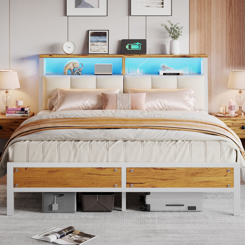 Metal Bed Frame with Upholstered Storage Headboard, King, Natural Wood