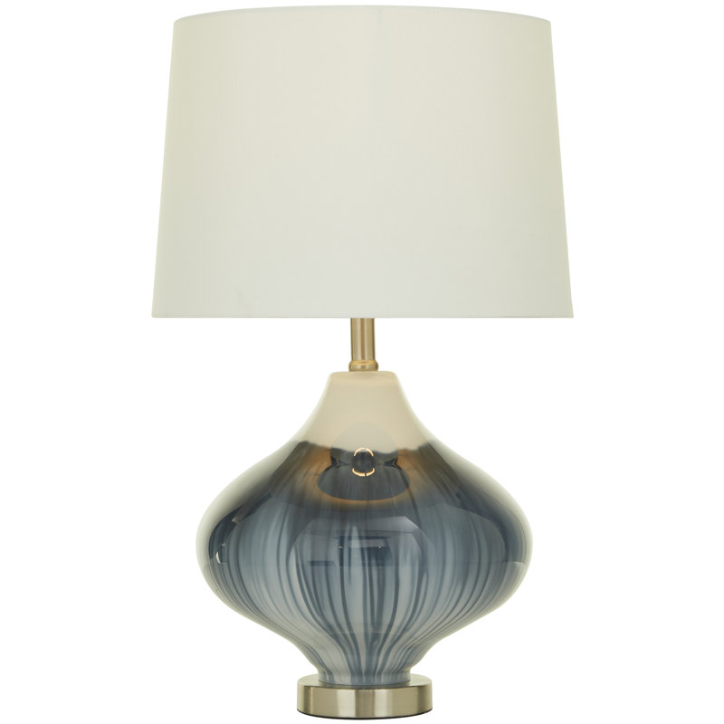 Glass Gourd Style Base Blue Table Lamp with Drum Shade